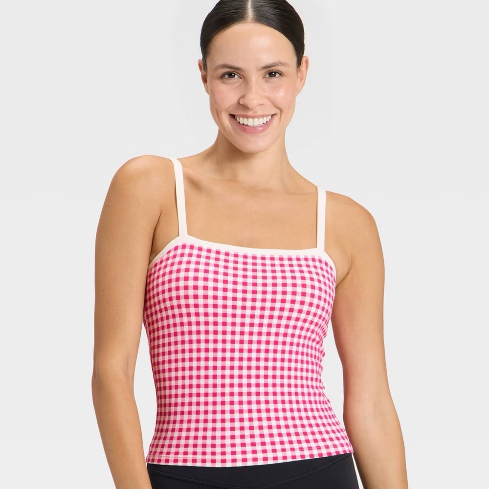 All In Motion Women's Everyday Soft Piped Cami Tank Top Berry Pink Gingham